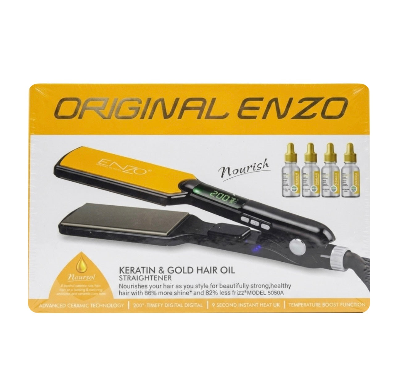 مكواة فرد الشعر الاحترافية إنزو (ORIGINAL ENZO Keratin & Gold Hair Oil Straightener) موديل EN-5050A، والمصممة لتصفيف وتنعيم الشعر بفعالية