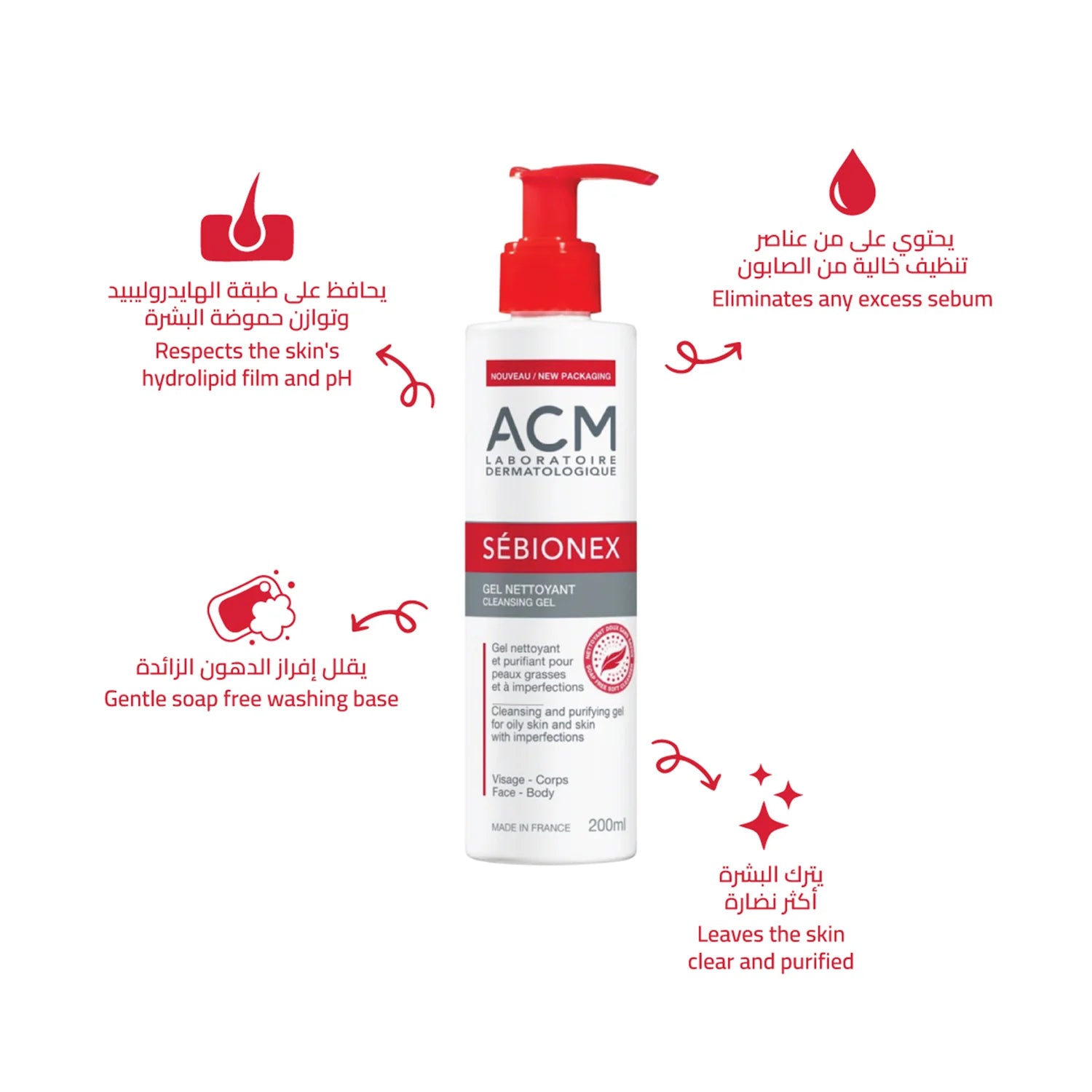 ACM Sébionex Cleansing Gel (إيه سي إم سيبيونيكس جل منظف)، وهو غسول طبي فرنسي مخصص للبشرة الدهنية، المختلطة، والمعرضة لحب الشباب والعيوب