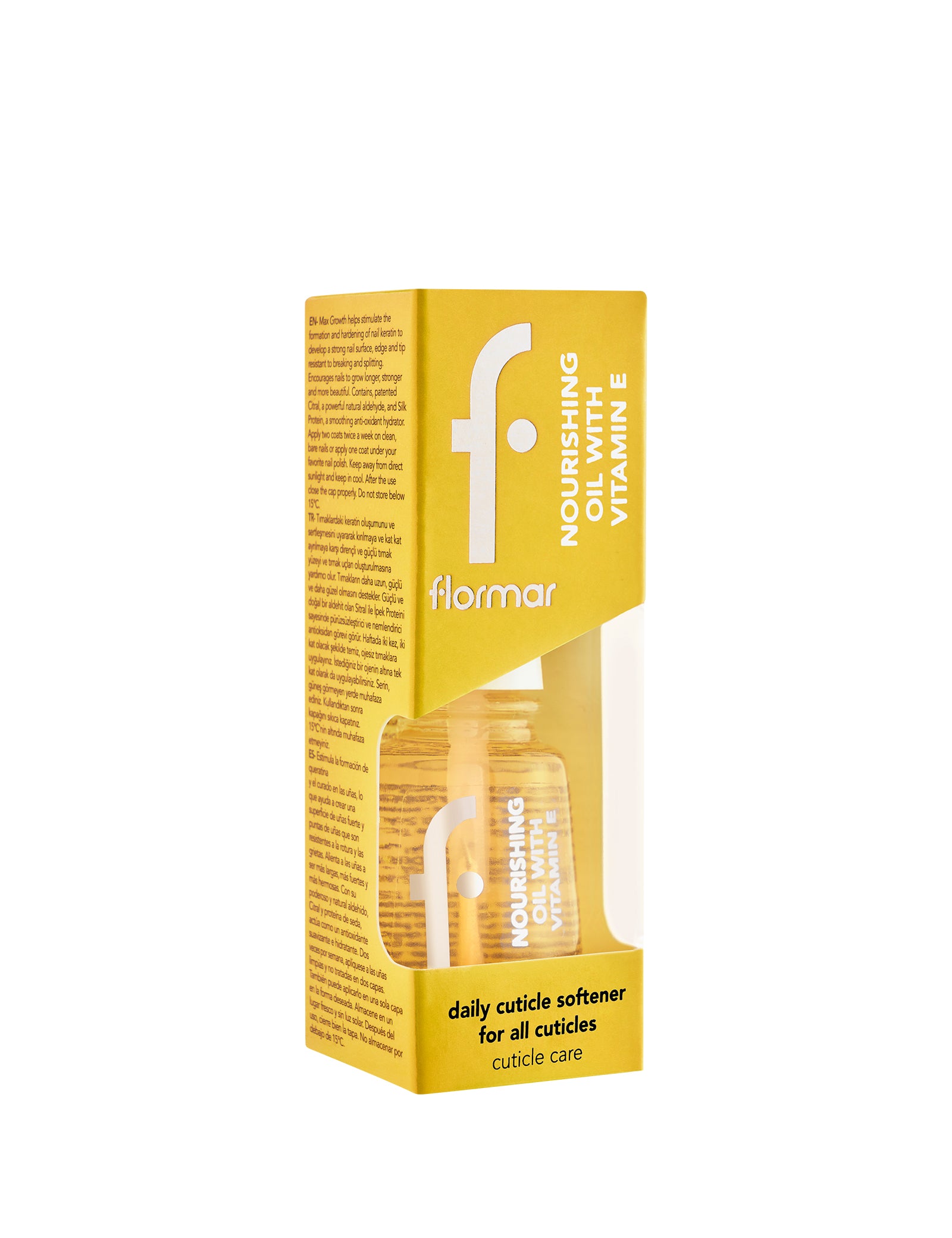 Flormar Nourishing Oil With Vitamin E، وهو زيت مغذي مخصص للعناية بالأظافر والجلد المحيط بها (الكيوتيكل).