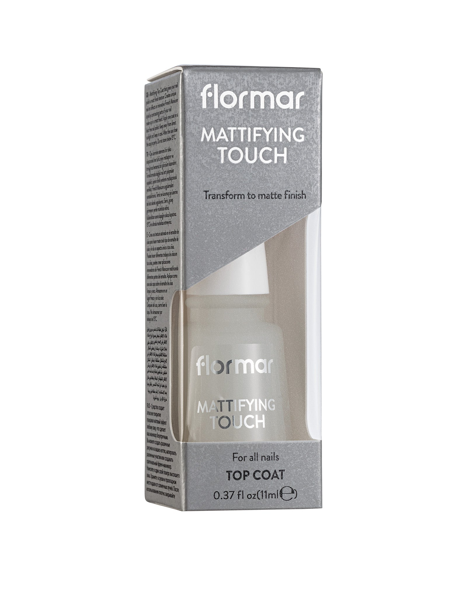 Flormar Mattifying Touch Top Coat، وهو طلاء أظافر علوي شفاف يُستخدم لتحويل أي طلاء أظافر لامع إلى مظهر مطفي (غير لامع)