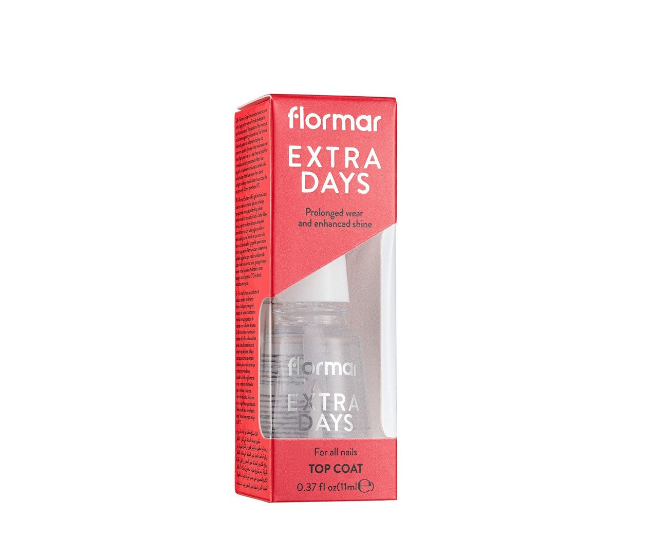 Flormar Extra Days Prolonged Wear & Enhanced Shine Top Coat، وهو طلاء شفاف للأظافر يُستخدم فوق الطلاء الملون لتعزيز ثباته وزيادة مدة بقائه.