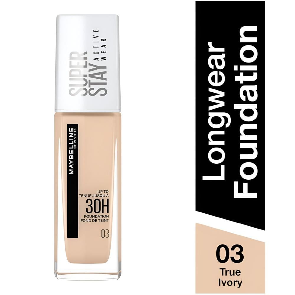 كريم أساس مايبيلين نيويورك سوبر ستاي أكتيف وير (Maybelline New York Super Stay Active Wear 30H Foundation) بدرجة 03 عاجي حقيقي (True Ivory).