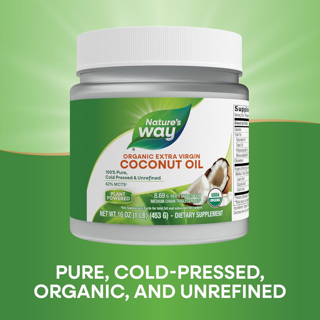 زيت جوز الهند العضوي البكر الممتاز (Organic Extra Virgin Coconut Oil) من الماركة الأمريكية المعروفة Nature's Way.