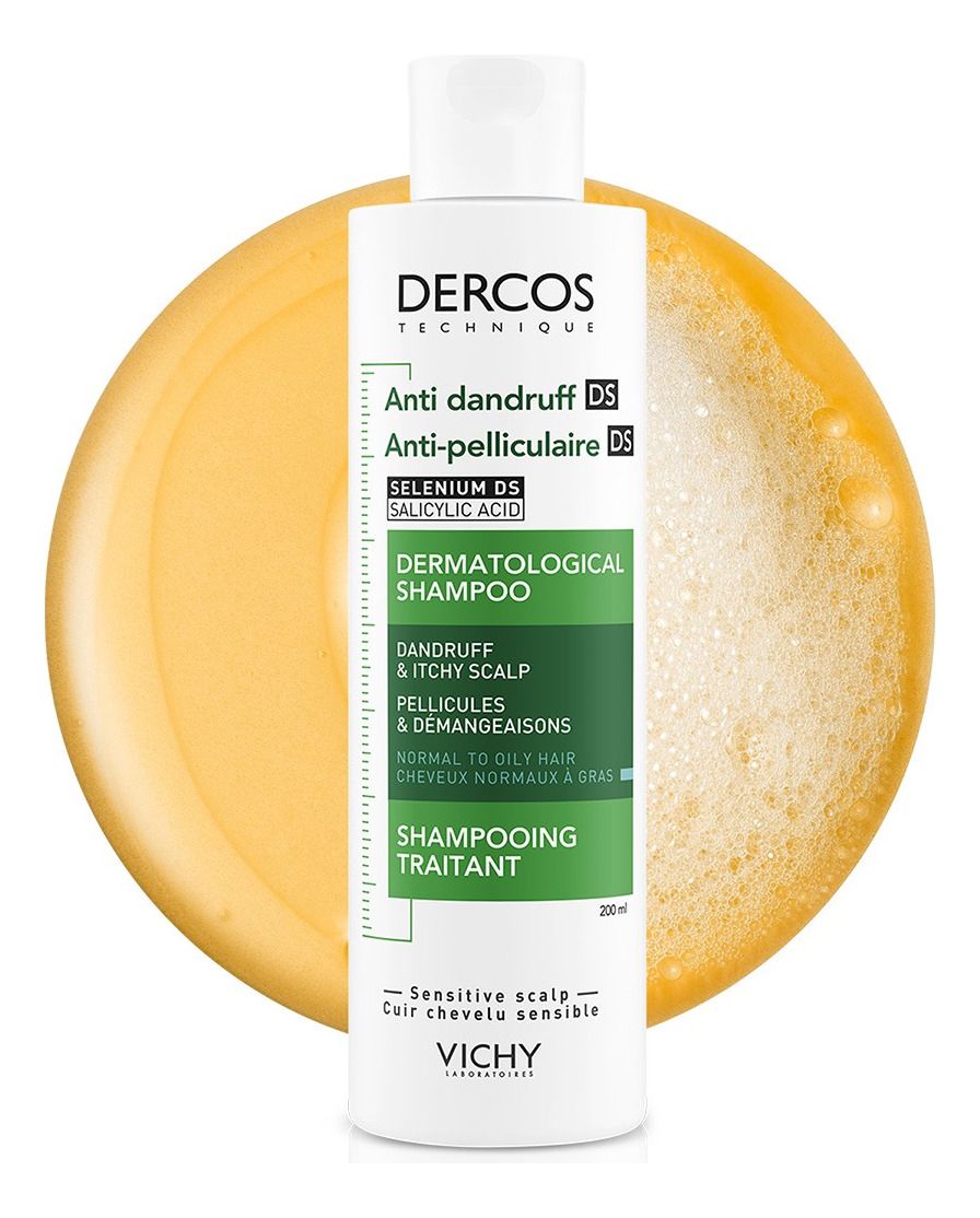 شامبو فيشي ديركوس تكنيك المضاد للقشرة (Vichy Dercos Technique Anticaspa DS)، والمخصص تحديداً للشعر العادي إلى الدهني وفروة الرأس التي تعاني من الحكة