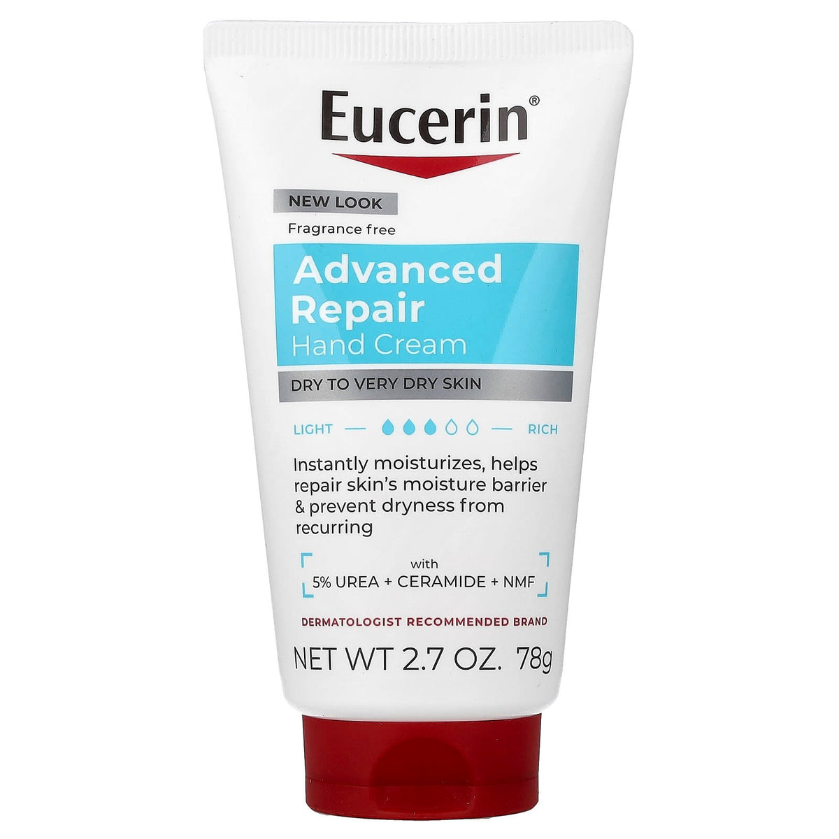 كريم اليدين لإصلاح البشرة المتقدم (Advanced Repair Hand Cream) من علامة يوسرين (Eucerin) بحجم 2.7 أونصة (78 غرام)، وهو مخصص للبشرة الجافة إلى شديدة الجفاف