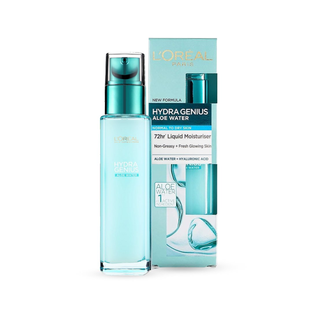 L'Oréal Paris Hydra Genius Aloe Water، وهو مرطب سائل ذو أساس مائي مصمم خصيصاً للبشرة العادية إلى الجافة (Normal to Dry Skin)