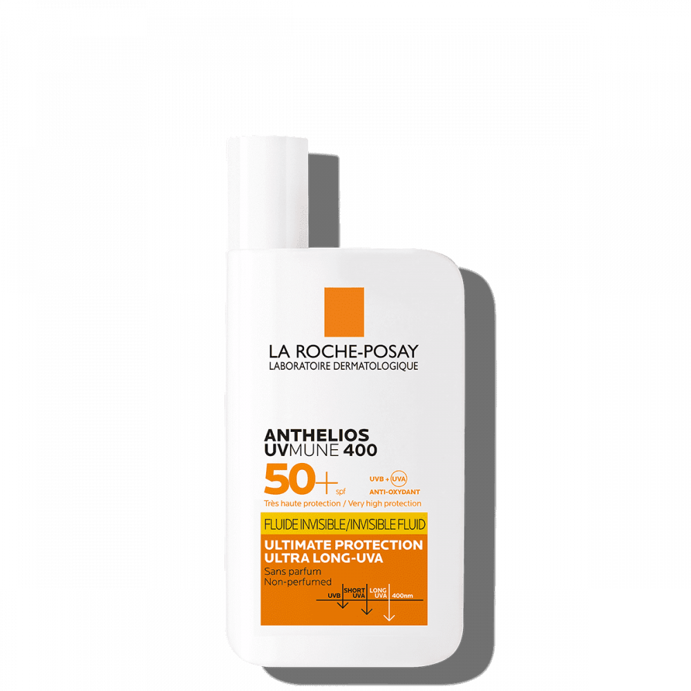 واقي الشمس لاروش بوزيه أنثيليوس يوفي ميون 400 السائل الشفاف (La Roche-Posay Anthelios UVMune 400 Invisible Fluid) بتركيبة خالية من العطور وعامل حماية +SPF 50.