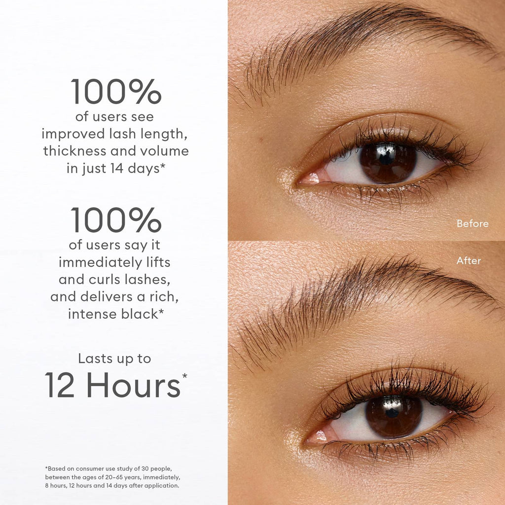 ماسكارا سيروم هجينة مصممة لرفع الرموش، وإطالتها، وتغذيتها في آن واحدRose Inc Ultra-Black Lash Lift Serum Mascara