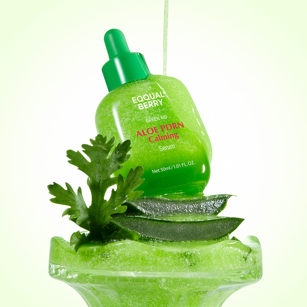 سيروم إيكوال بيري الأخضر لتهدئة وترميم البشرة (Eqqualberry Green Aid Aloe PDRN Calming Serum)، وهو منتج كوري مخصص للعناية الفائقة بالبشرة الحساسة والمتهيجة.