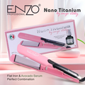 مكواة فرد الشعر الاحترافية من ماركة إنزو (ENZO Professional)، تحديداً موديل EN-3993 Nano Titanium المصمم بالتعاون مع تقنيات إيطالية. يأتي هذا الإصدار باللون الوردي كجزء من مجموعة متكاملة تجمع بين الفرد والعناية الفائقة بالشعر