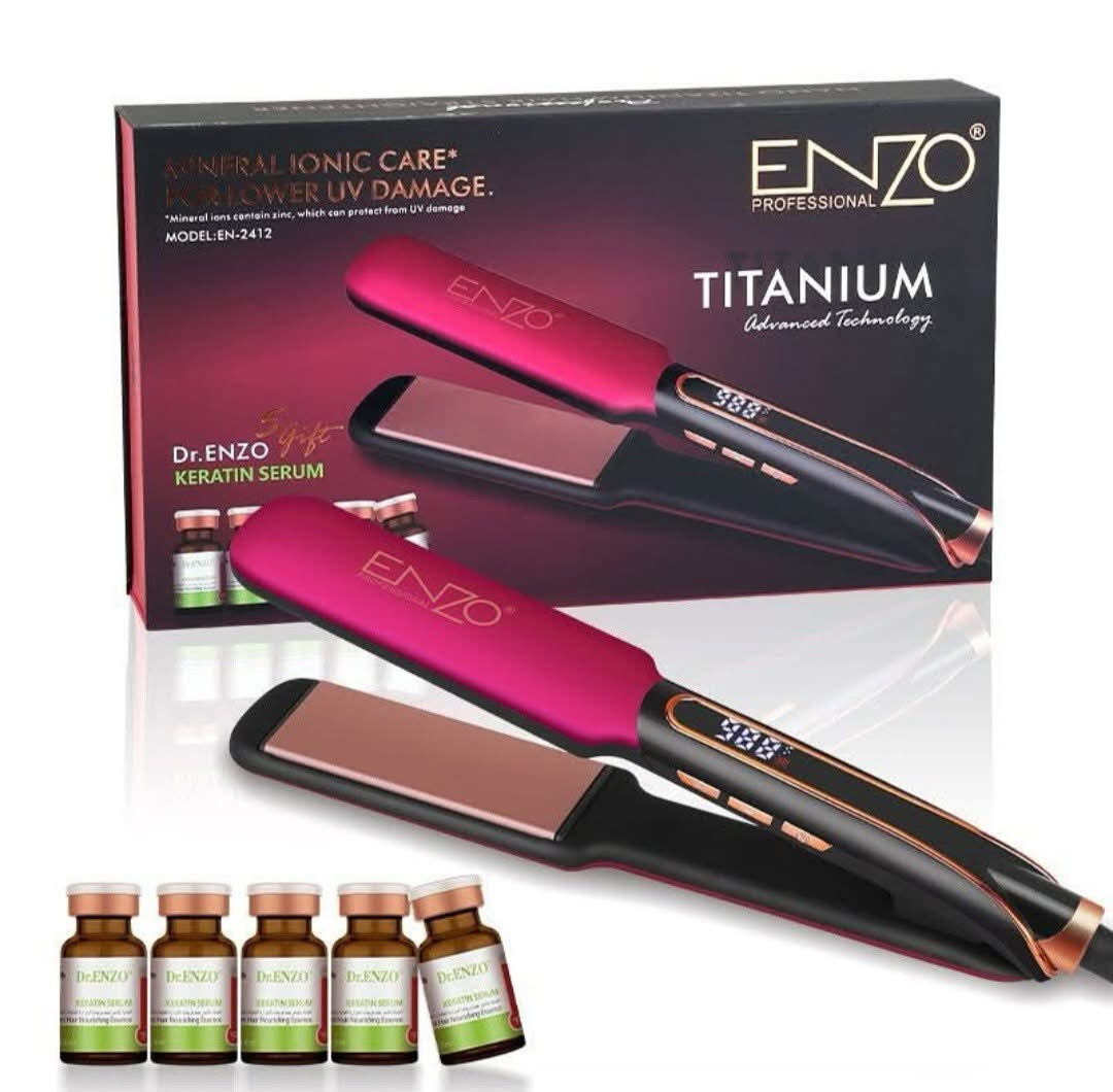 مكواة فرد وتمليس الشعر الاحترافية Enzo Professional Titanium (موديل EN-2412). تأتي هذه المكواة مجهزة بـ 5 عبوات من سيروم