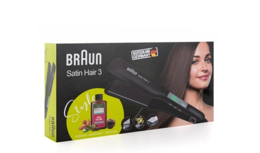مكواة تمليس الشعر (كاوية شعر) من ماركة Braun طراز Satin Hair 3، وتأتي في عبوة تجارية مخصصة للتصفيف والعناية بالشعر