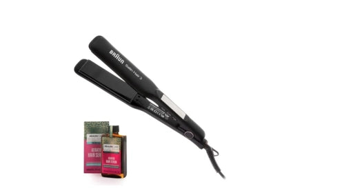 مكواة تمليس الشعر (كاوية شعر) من ماركة Braun طراز Satin Hair 3، وتأتي في عبوة تجارية مخصصة للتصفيف والعناية بالشعر
