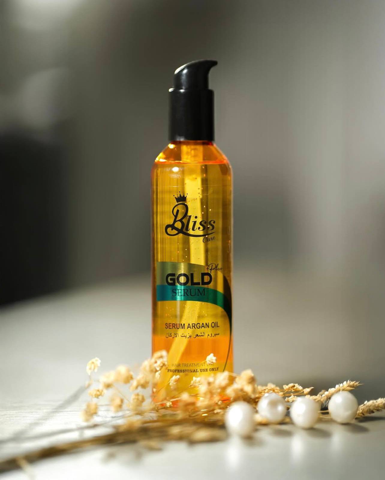 سيروم بليس جولد بلس بزيت الأركان للشعر (Bliss Care +Plus GOLD SERUM)، وهو منتج (تايلاندي المنشأ) مصمم للعناية الاحترافية بالشعر