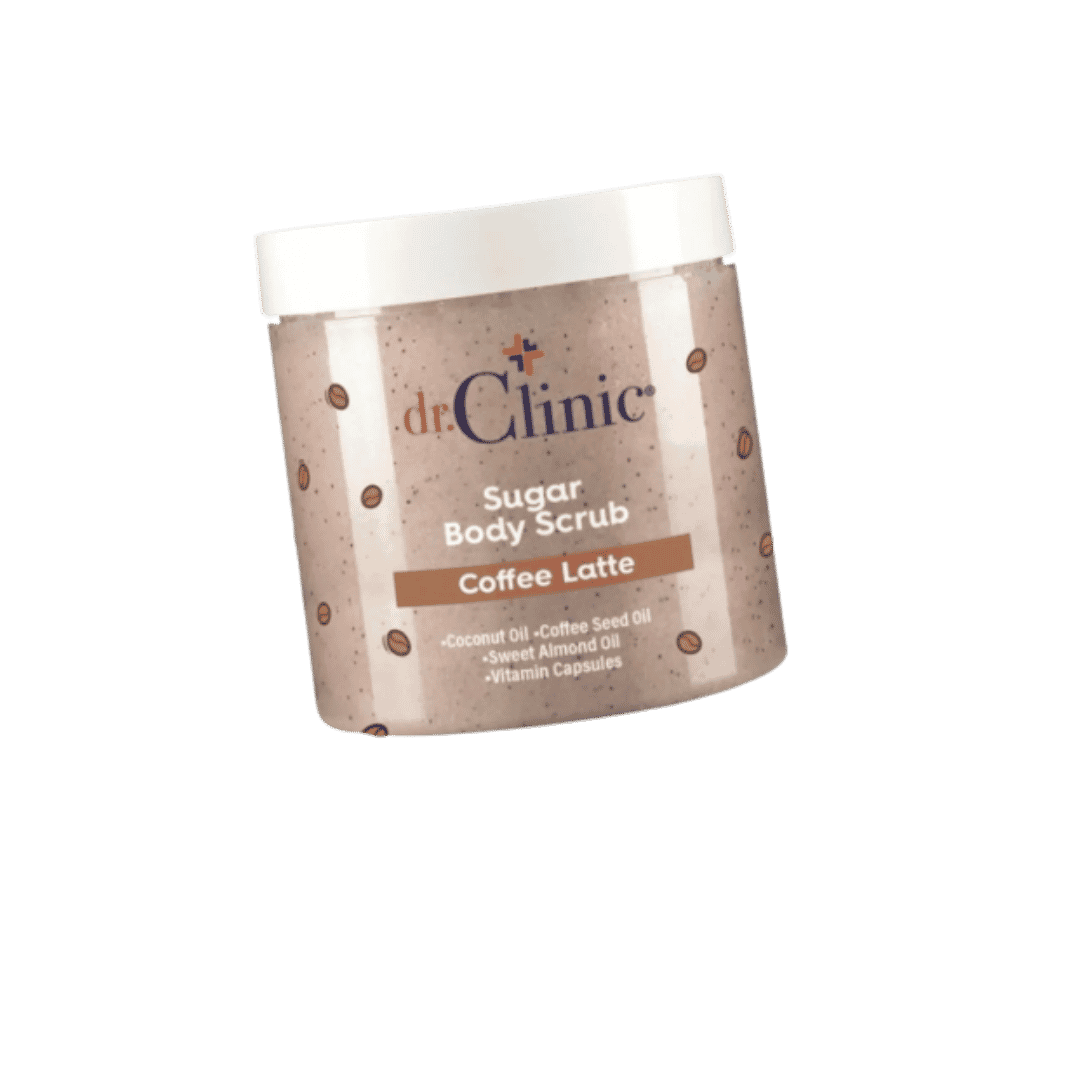 مقشر الجسم بالسكر بنكهة قهوة لاتيه من دكتور كلينيك (Dr. Clinic Sugar Body Scrub - Coffee Latte). يُستخدم لتقشير خلايا الجلد الميتة برفق، تنعيم البشرة، وتحسين مظهر السيلوليت وتفاوت لون الجلد