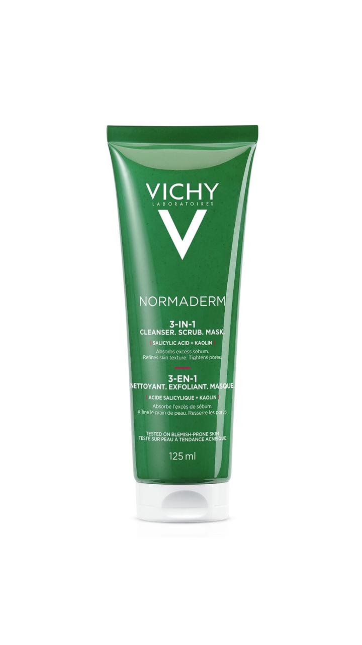 غسول ومقشر وماسك فيتشي نورماديرم 3 في 1 (Vichy Normaderm 3-in-1 Cleanser, Scrub & Mask) بحجم 125 مل