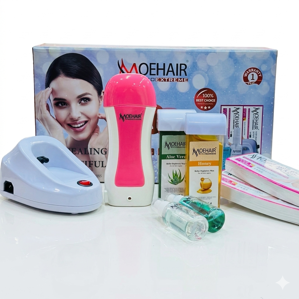 مجموعة إزالة الشعر بالشمع من ماركة موهير (MOEHAIR)، وتحديداً جهاز "برو إكستريم" (Pro Extreme) لإزالة الشعر.