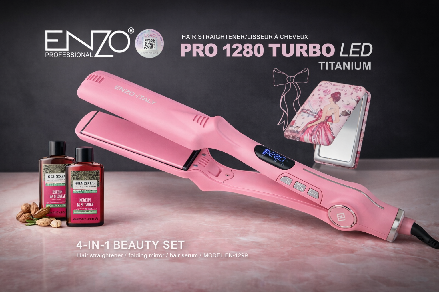 مكواة فرد الشعر Enzo Professional Pro 1280 Turbo الوردي، وهو جزء من مجموعة تجميل 4 في 1 تشمل أيضًا مرآة وسيروم للشعر