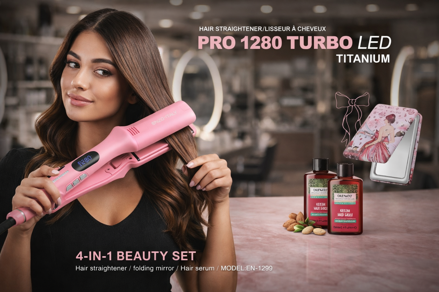 مكواة فرد الشعر Enzo Professional Pro 1280 Turbo الوردي، وهو جزء من مجموعة تجميل 4 في 1 تشمل أيضًا مرآة وسيروم للشعر