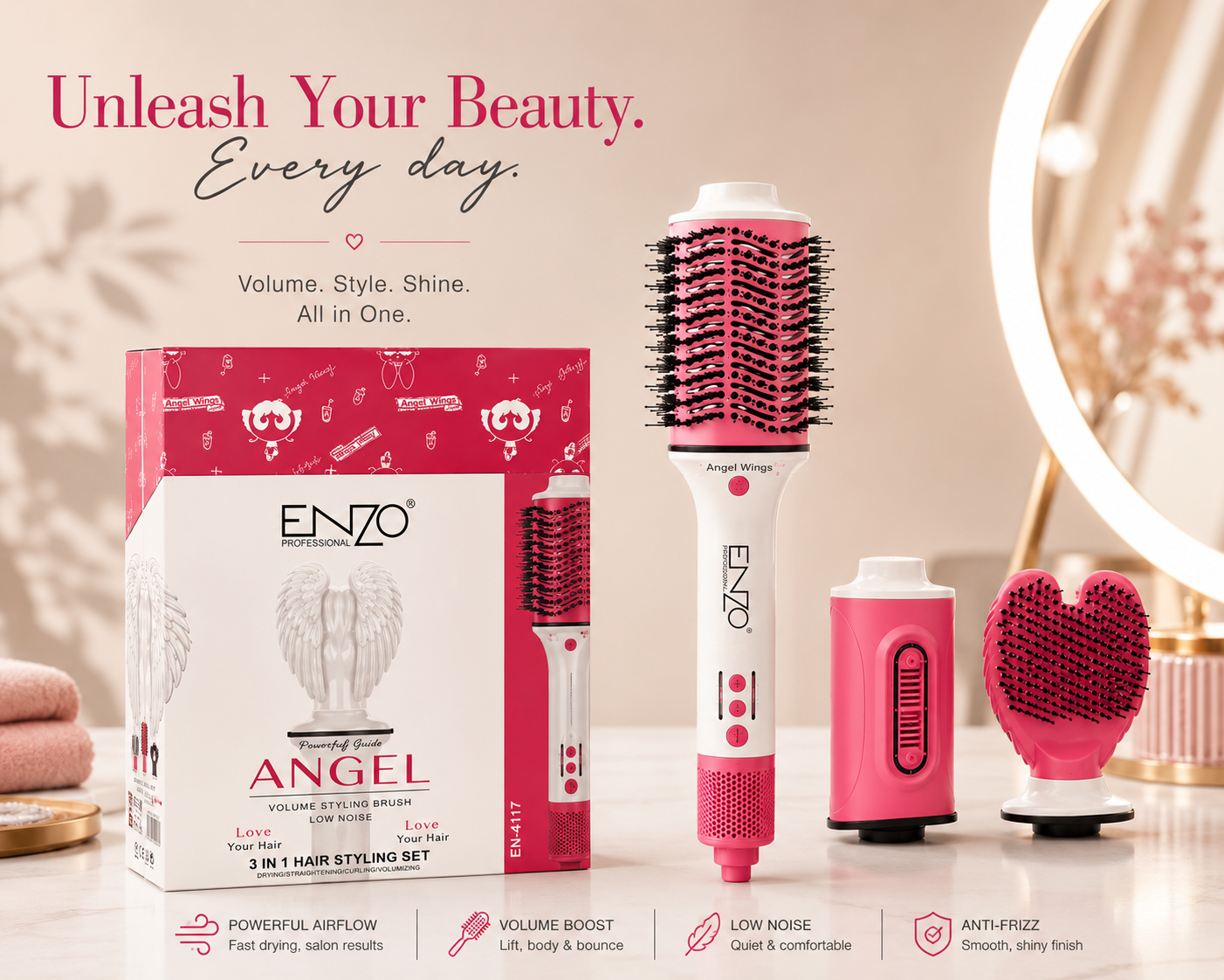 هو مجموعة تصفيف الشعر 3 في 1 (3In 1 Hair Styling Set) من الماركة التجارية ENZO Professional، بإصدار خاص يحمل ثيم الرسوم المتحركة الشهير "فتيات القوة" (Powerpuff Girls)