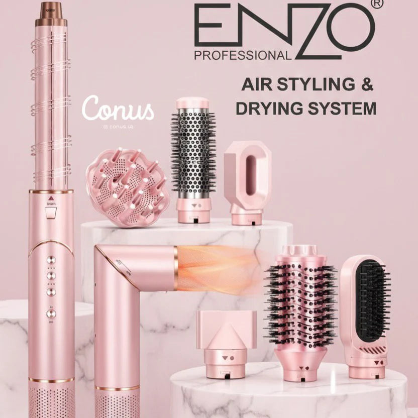 مجموعة تصفيف الشعر المتكاملة من ماركة إنزو (ENZO) موديل EN-755P، والتي تأتي بتصميم 9 في 1 لتصفيف وتجفيف الشعر.