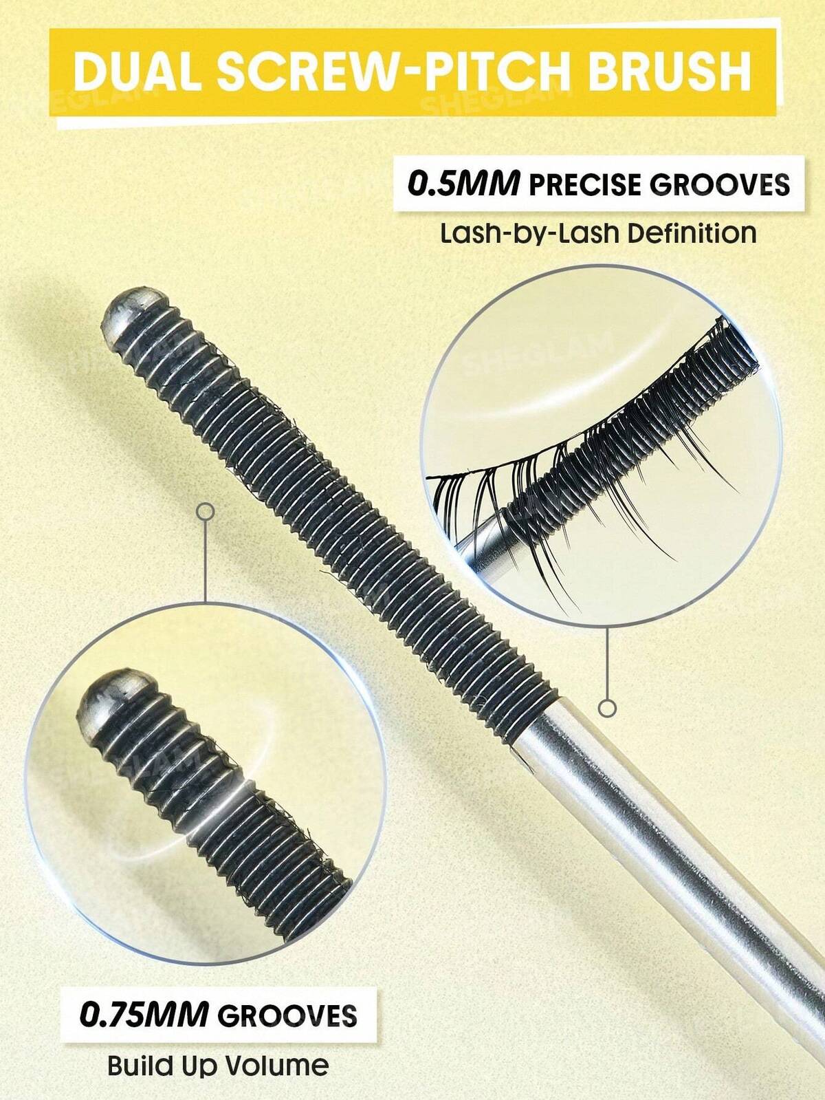 ماسكارا SHEGLAM Lashlighter Iron Curl تتميز بفرشاة معدنية دقيقة مصممة لرفع وتجعيد الرموش.