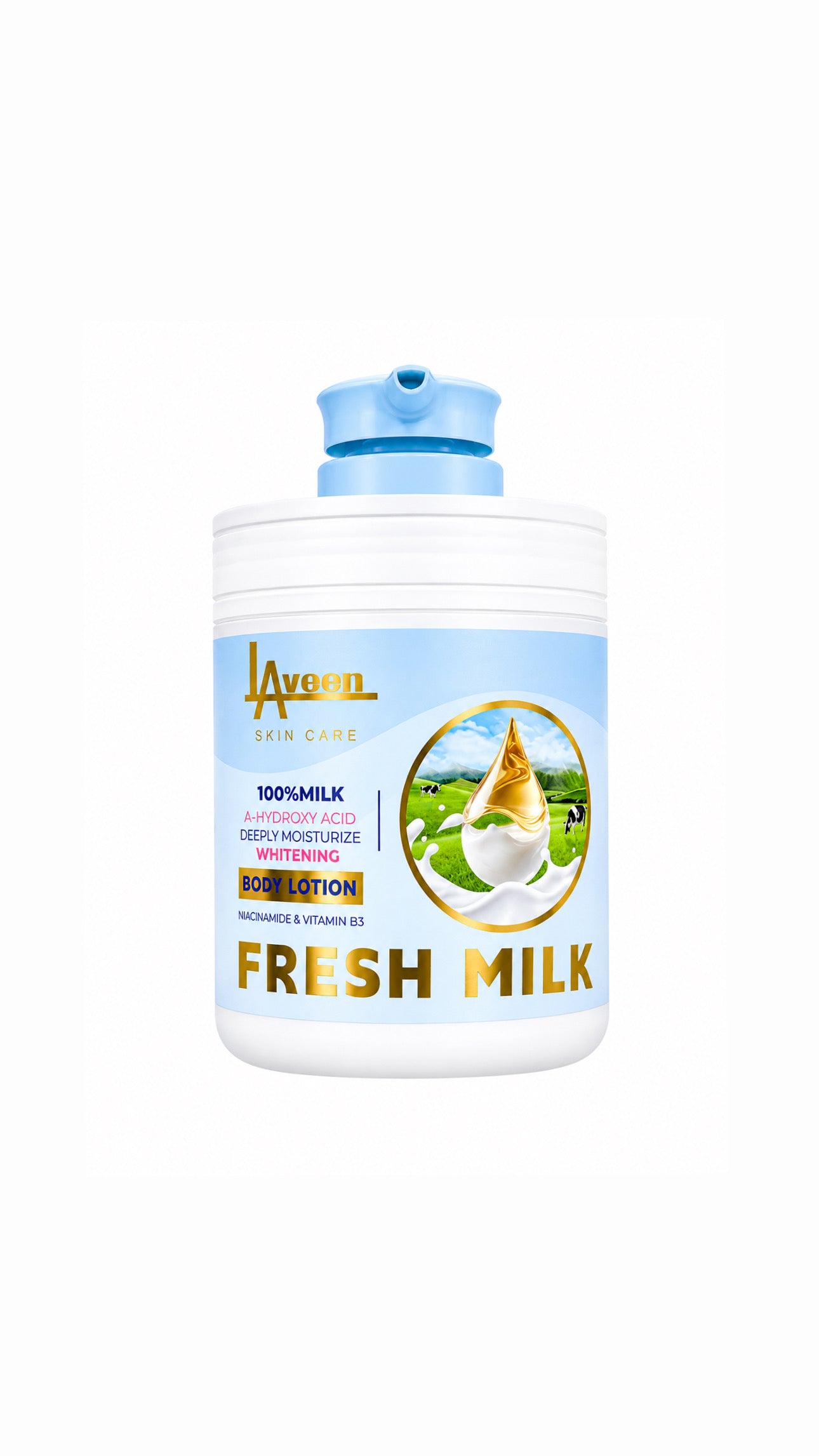لوشن لترطيب وتفتيح الجسم من العلامة التجارية Aveen Skin Care بخلاصة الحليب الطازج (Fresh Milk).