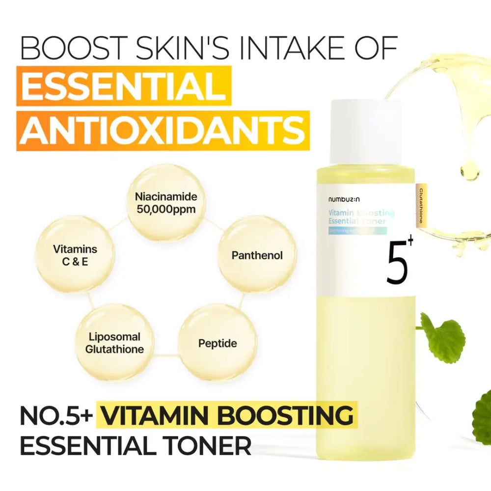 تونر نومبوزين رقم 5 المعزز بالفيتامينات (numbuzin No.5+ Vitamin Boosting Essential Toner)، وهو منتج كوري شهير مصمم للعناية بالبشرة الباهتة وتفتيحها