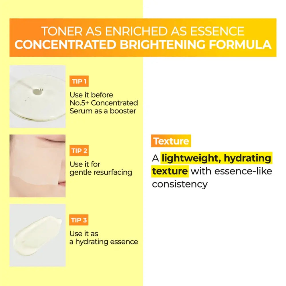 تونر نومبوزين رقم 5 المعزز بالفيتامينات (numbuzin No.5+ Vitamin Boosting Essential Toner)، وهو منتج كوري شهير مصمم للعناية بالبشرة الباهتة وتفتيحها