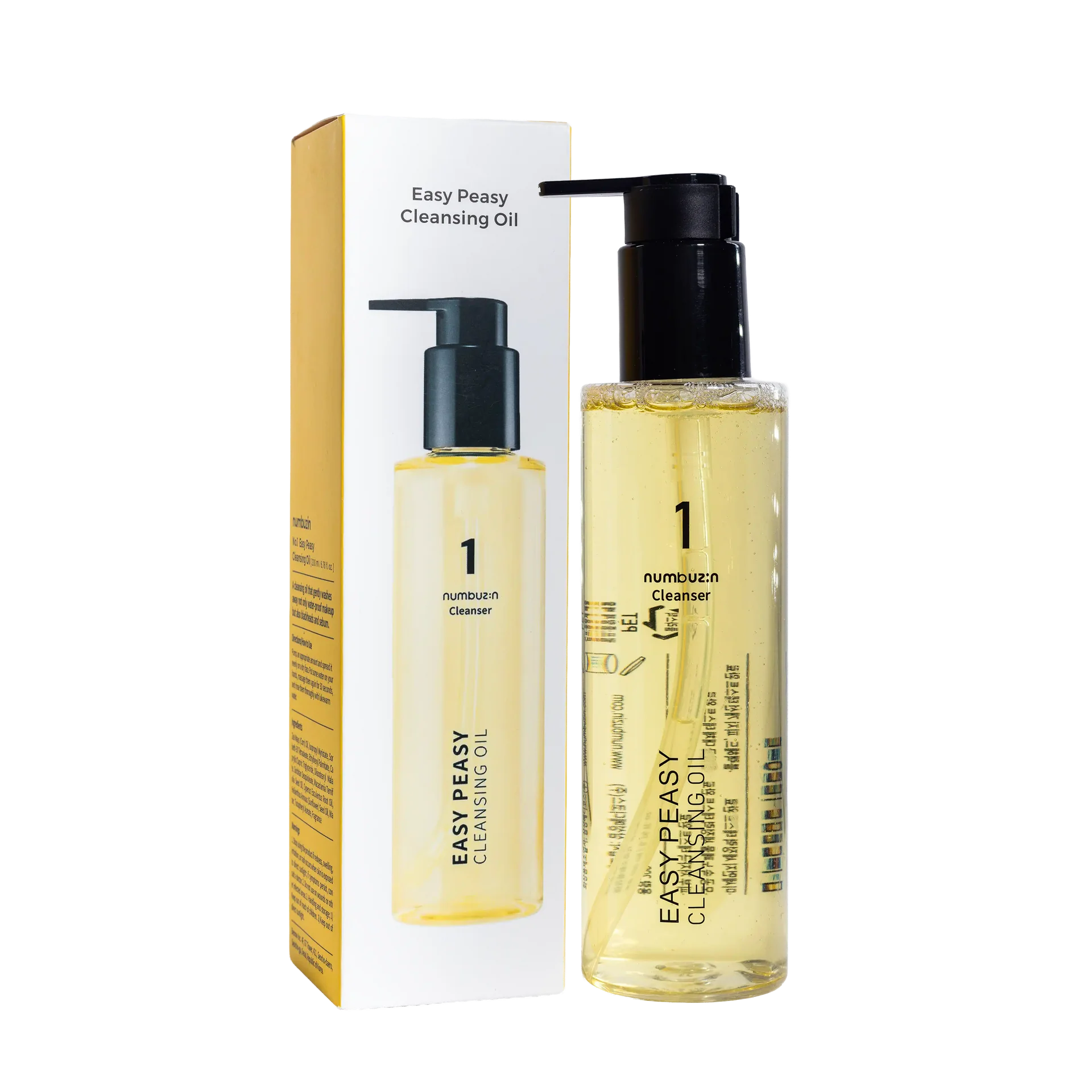 Numbuzin No.1 Easy Peasy Cleansing Oil، وهو عبارة عن غسول زيتي كوري خفيف وفعّال يُستخدم كخطوة أولى في روتين التنظيف المزدوج